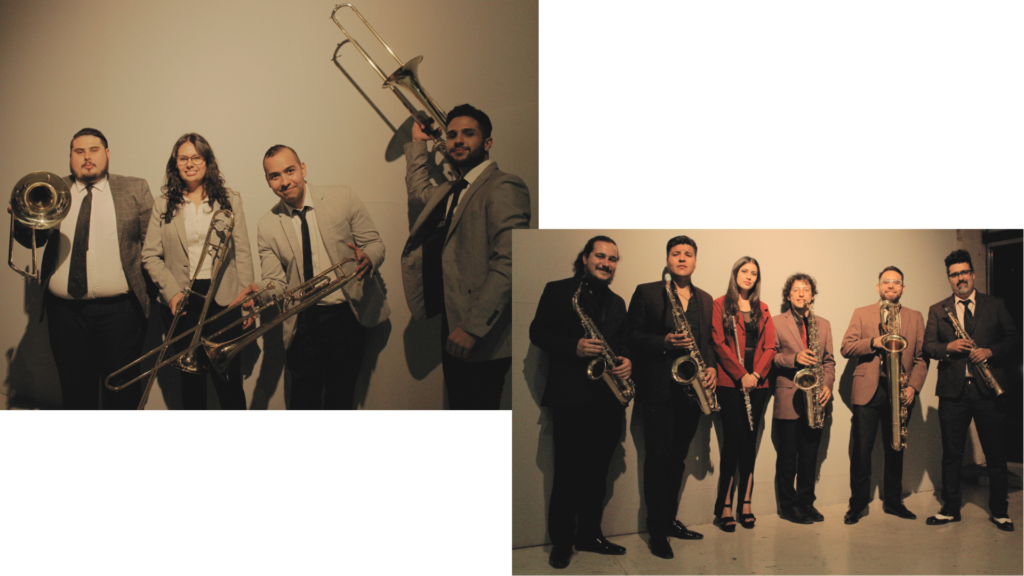 Músicos de la sección de trombones y de la sección de maderas de la Big Band Jazz Chihuahua.