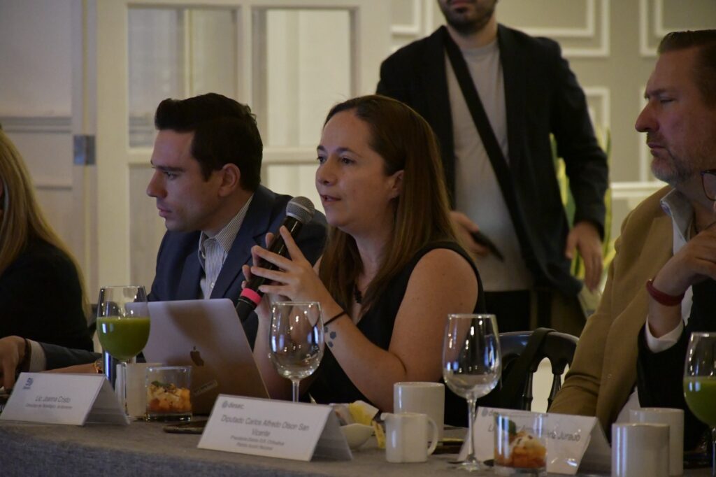 La consultora Joanna Cristo durante la Junta Consultiva de Desarrollo Económico de Chihuahua A.C. (DESEC).
