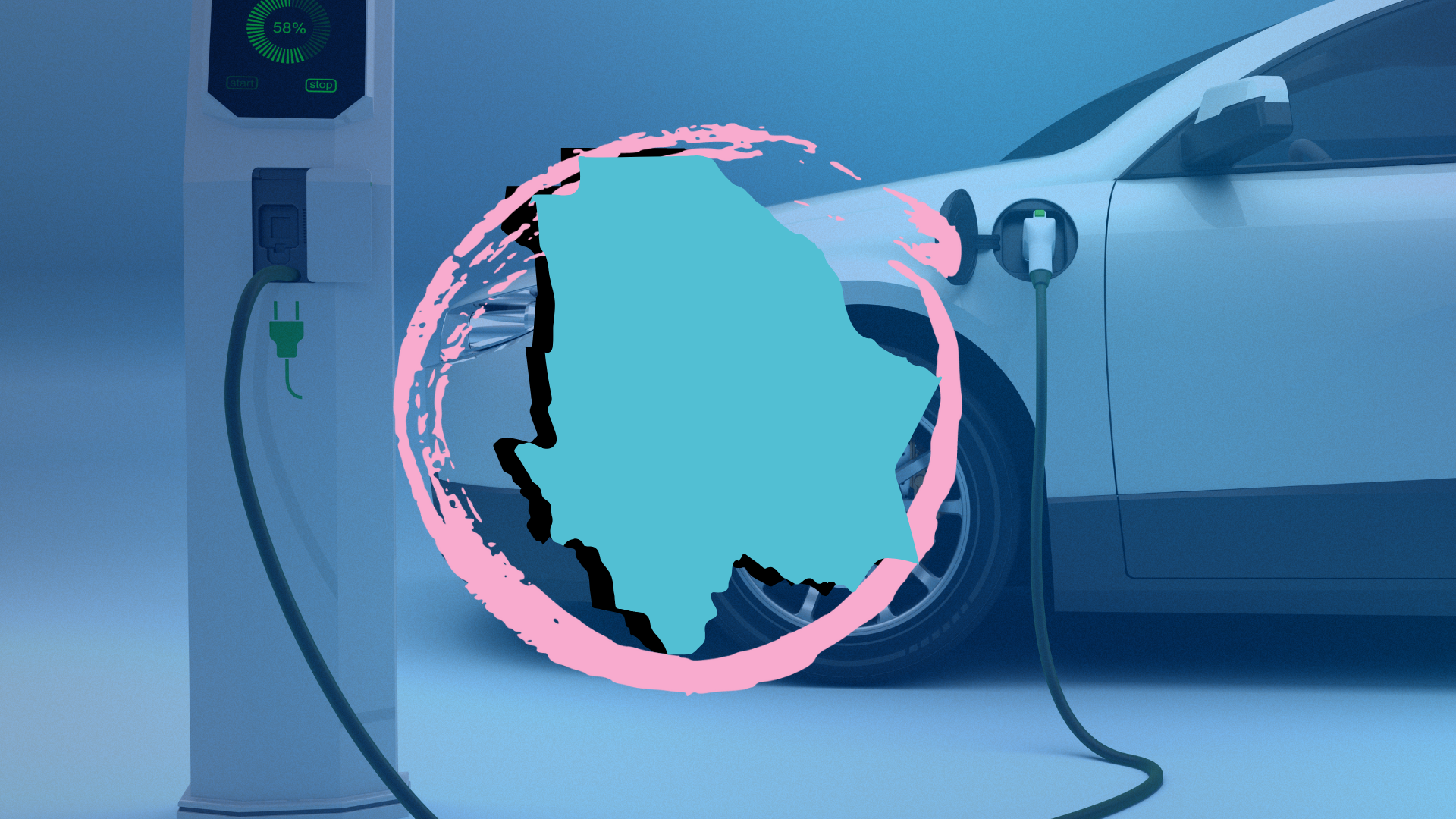 Auto eléctrico conectado a una estación de carga junto al mapa de Chihuahua con un círculo decorativo rosa.