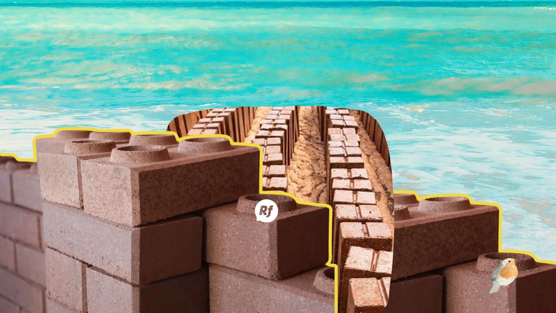 Block de sargazo: material ecológico para la construcción en México Bloques de construcción hechos con sargazo seco apilados en una obra sustentable, ejemplo de innovación ecológica en la industria mexicana.
