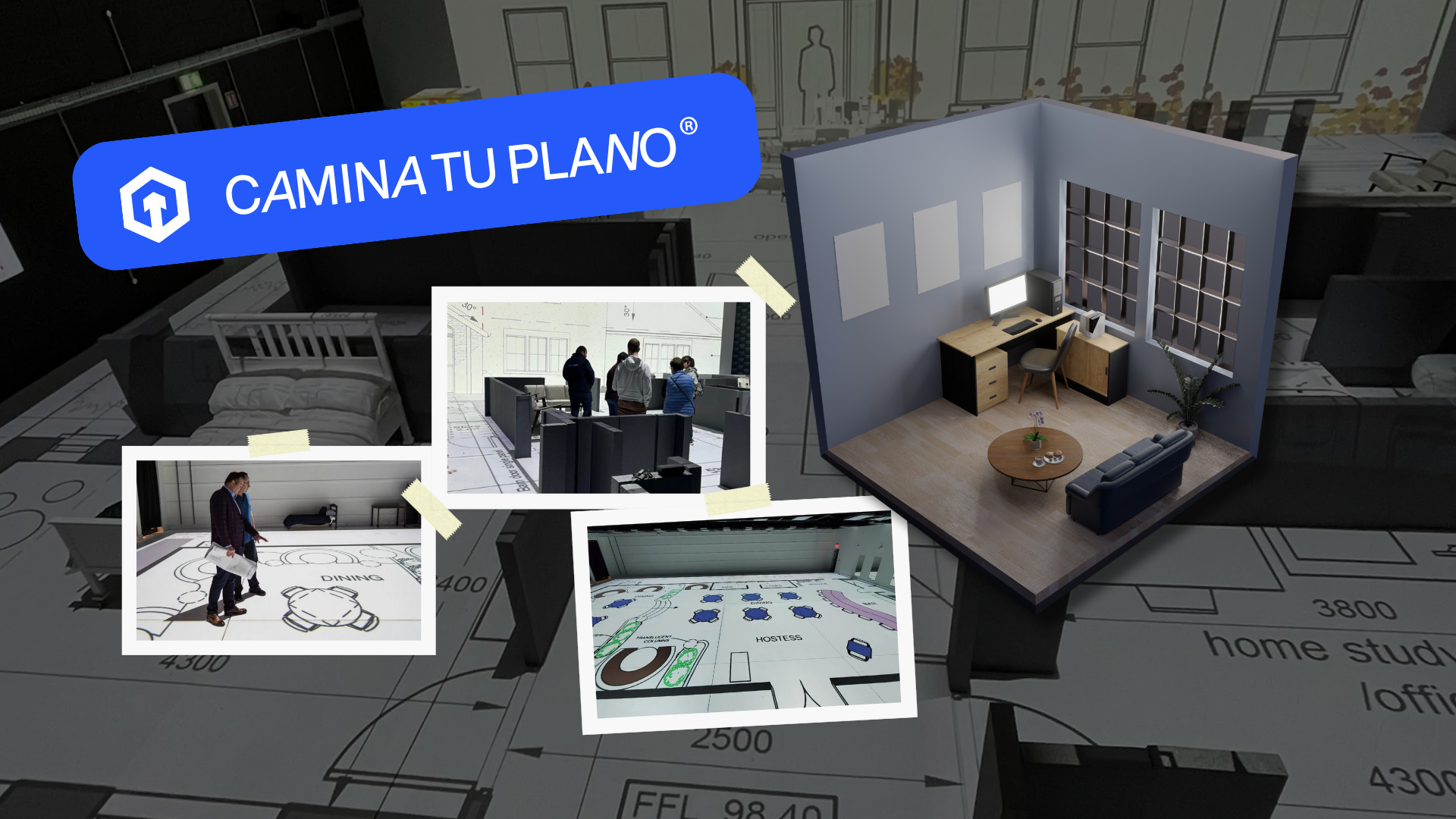 Experiencia inmersiva de Camina Tu Plano en visualización de proyectos Cliente visualizando en tamaño real un proyecto arquitectónico gracias a la tecnología de pantallas LED y proyección HD de Camina Tu Plano en Chihuahua.