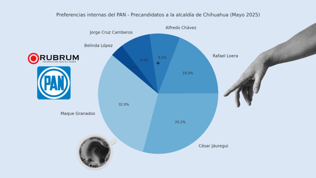 Gráfica de encuesta Rubrum mayo 2025 sobre precandidatos del PAN a la alcaldía de Chihuahua. Maque Granados y César Jáuregui encabezan preferencias internas.