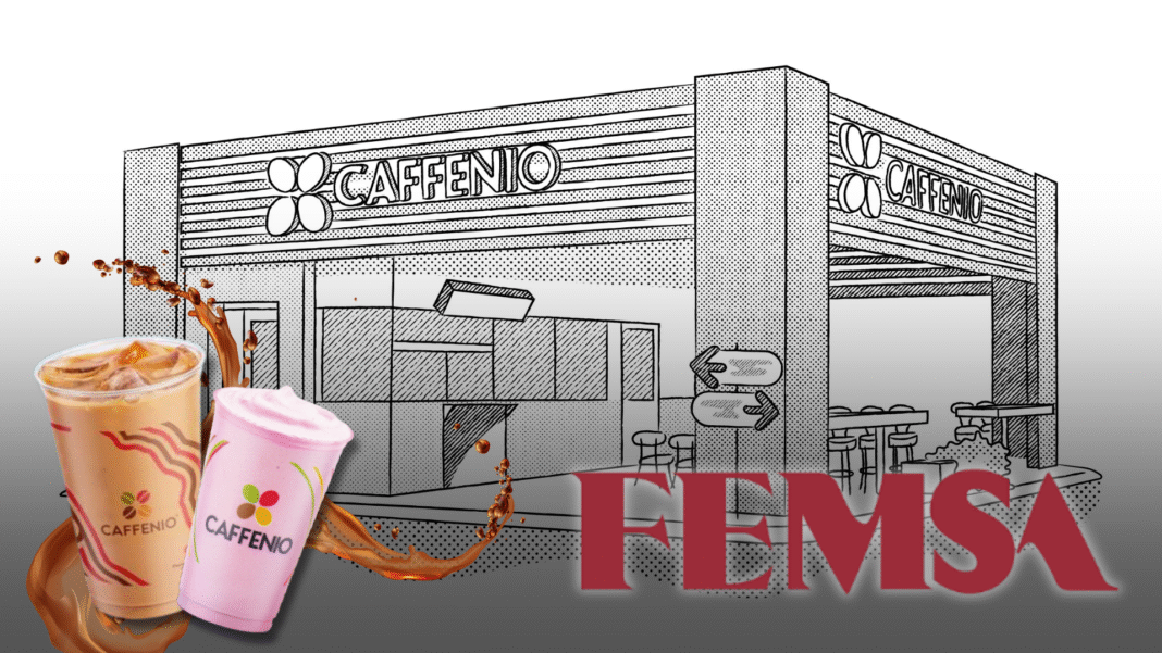 Logo de Caffenio junto a una taza de café representando su alianza con Femsa.