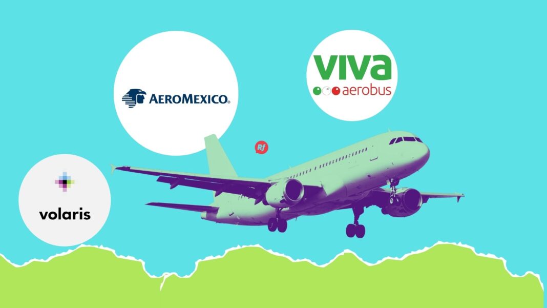 Avión con logos de aerolíneas mexicanas, julio 2025 Avión con logos de aerolíneas mexicanas sobre pista, representando el récord de pasajeros transportados en julio 2025 y el crecimiento sostenido de la industria aérea.