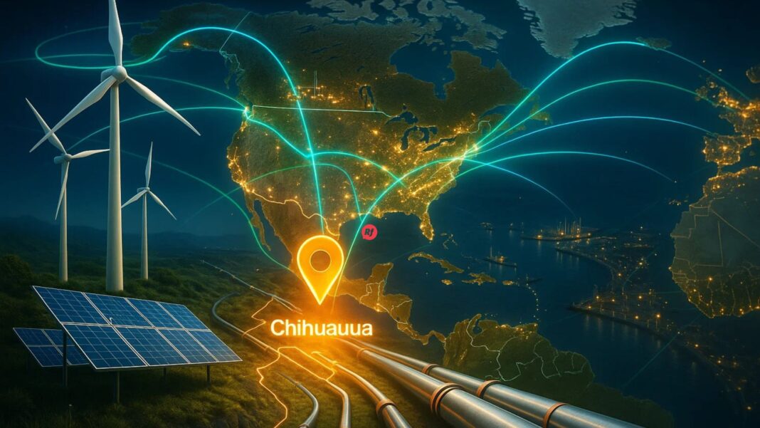 América del Norte conectada por energía limpia y competitiva Mapa futurista de América del Norte interconectada con energía limpia, destacando a Chihuahua como polo estratégico en competitividad energética regional.