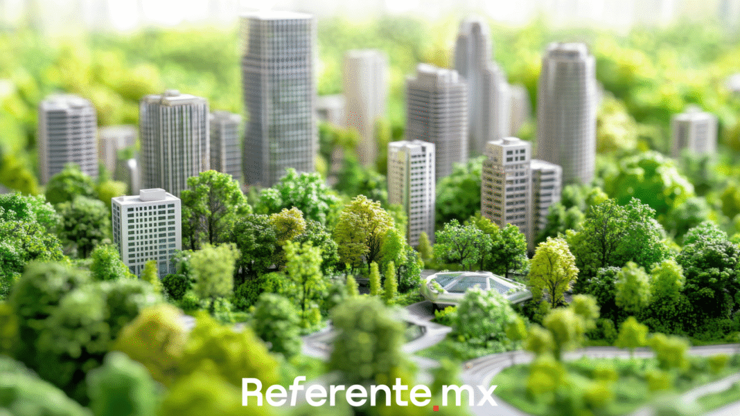 Edificio sustentable con paneles solares y diseño innovador.