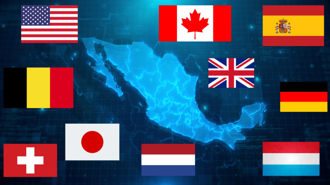 Top 10 países que invierten en México 2024 Mapa de México con los 10 principales países que invierten en el país en 2024.
