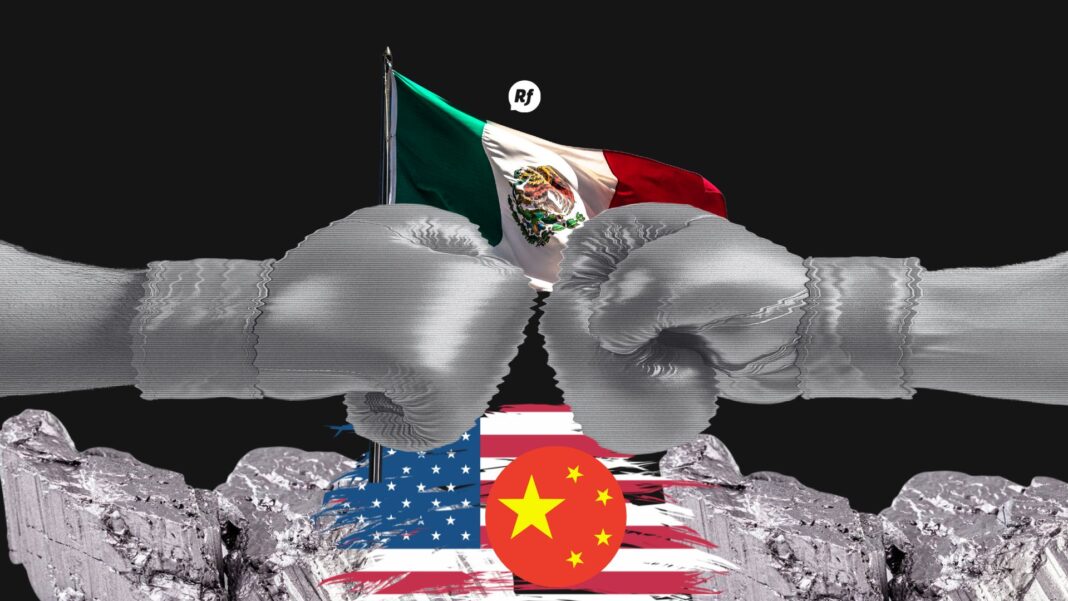 La guerra comercial EE. UU.–China, con México sentado sobre un cofre de minerales críticos, reflejando dilemas ambientales y estratégicos.