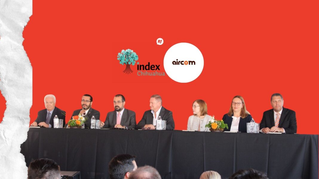 Inauguración de la planta de Aircom México en Chihuahua con autoridades y directivos de Index Chihuahua y Autocluster, fortaleciendo la industria automotriz.