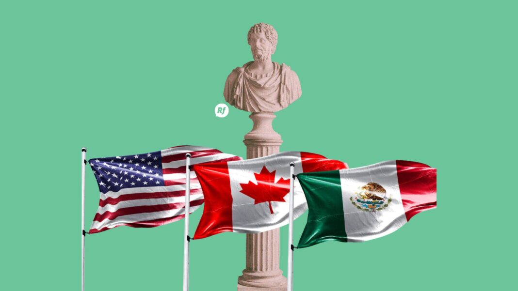 Camiones de carga cruzando la frontera norte de México, símbolo del impulso comercial y los beneficios del T-MEC frente a la política arancelaria de Estados Unidos.