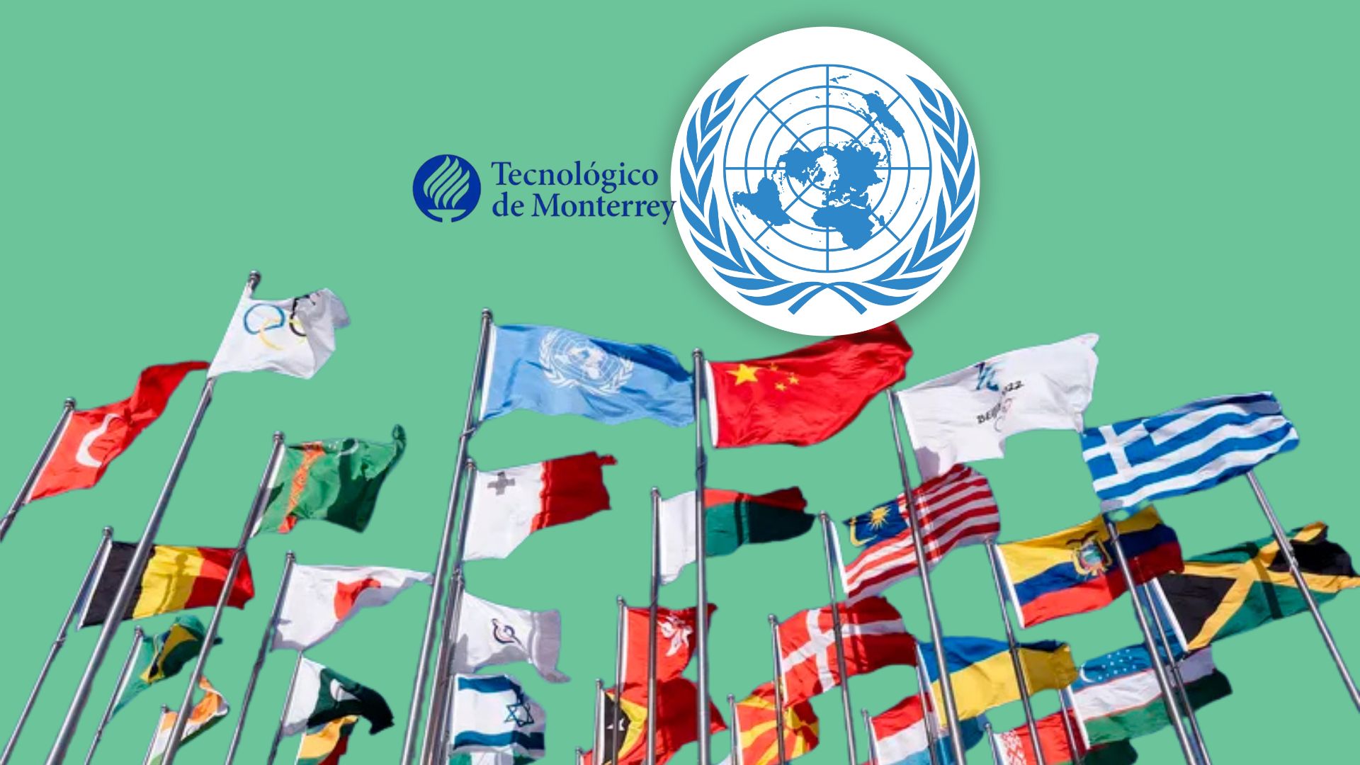Banderas y logo de la ONU en TecMUN Chihuahua 2025 Estudiantes del Tec de Monterrey Campus Chihuahua participan en TecMUN 2025, modelo de la ONU que fomenta liderazgo, debate y pensamiento crítico.