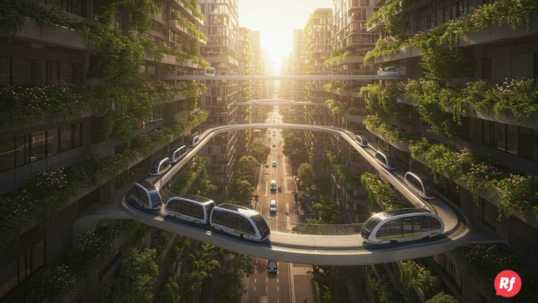 Vista aérea de una ciudad con parques, ciclovías y edificios sustentables