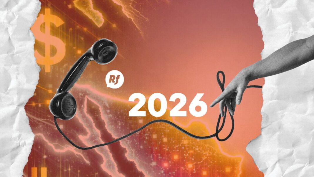 Ilustración editorial del panorama económico de México en 2026 con gráficos financieros, símbolos monetarios y energía visual que reflejan riesgos y oportunidades.