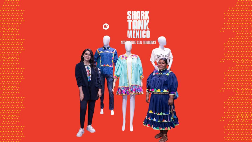 Fundadoras de Sinibí Jípe junto a mujeres rarámuri de la Sierra Tarahumara durante grabación de Shark Tank México, mostrando prendas artesanales hechas en Chihuahua.