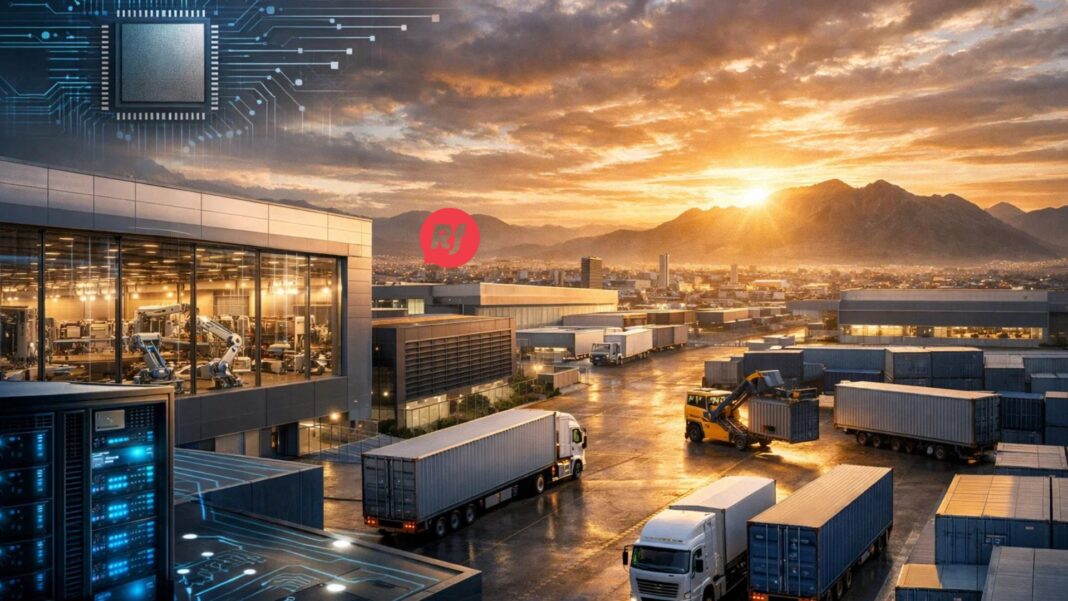 Parque industrial en Chihuahua con fábricas de tecnología avanzada y transporte de carga, reflejo del liderazgo del estado en exportaciones y crecimiento industrial en 2025.