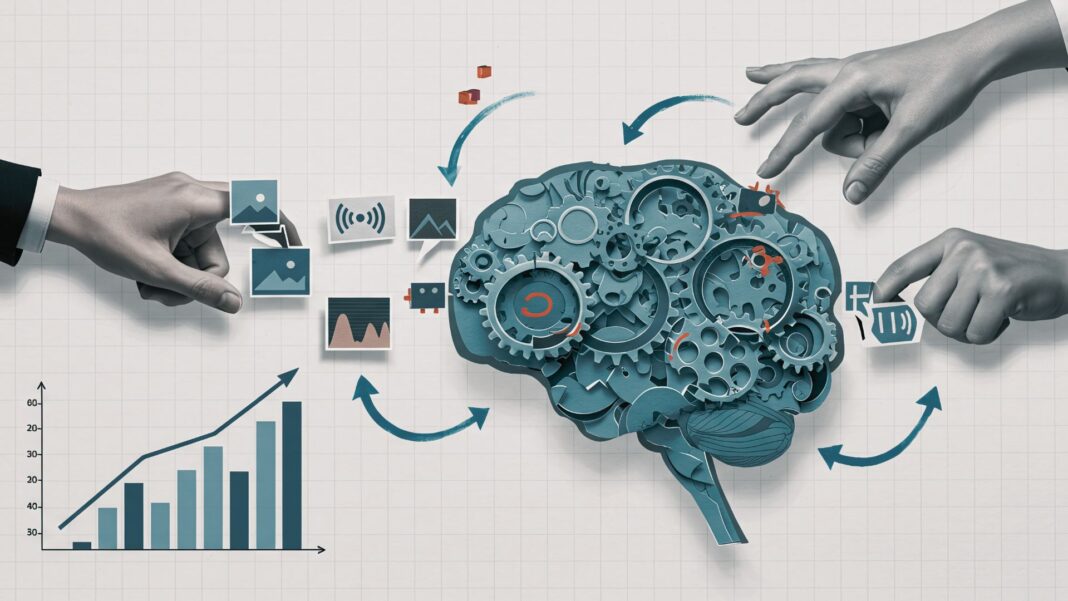 Ilustración editorial sobre la transformación digital en México con chips tecnológicos, gráficos en tonos grises y elementos de innovación que representan la madurez digital del país.