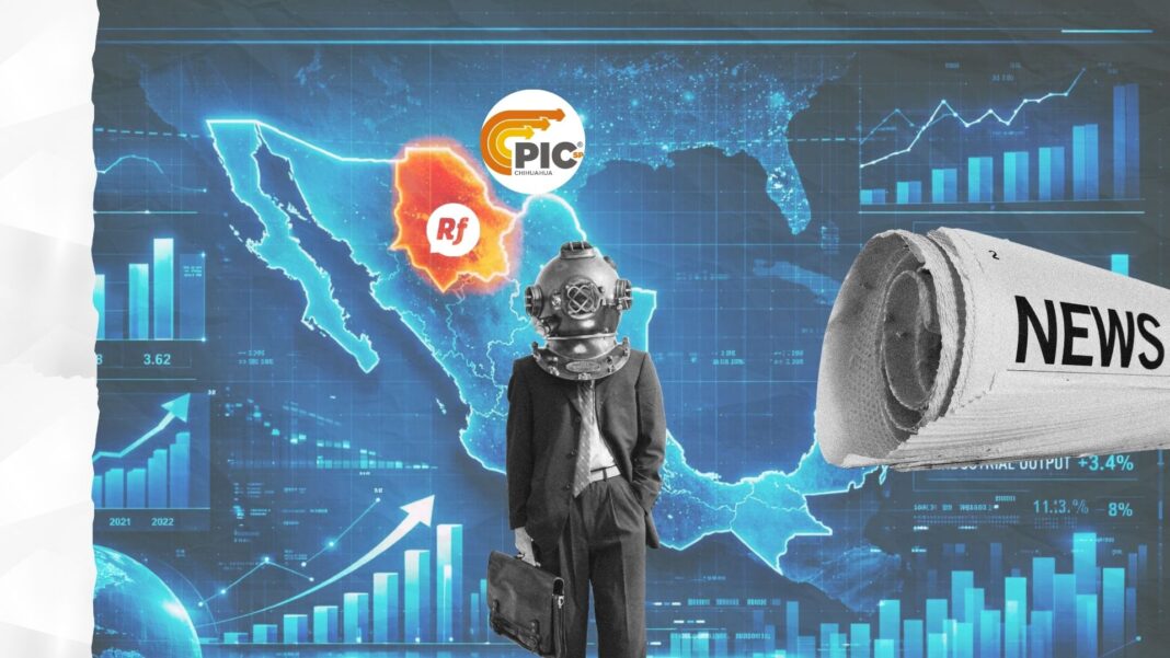 Visualización económica que muestra el crecimiento de la inversión extranjera directa en Chihuahua con gráficos financieros y mapa digital de México.
