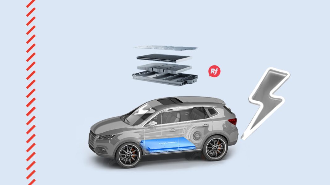 Batería de vehículo eléctrico en proceso de carga, representando la importancia de su calidad en la movilidad sostenible.