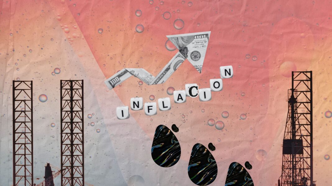 Buques petroleros en un estrecho marítimo con gráficos de precios energéticos al alza, representando la volatilidad del petróleo y gas en 2026.