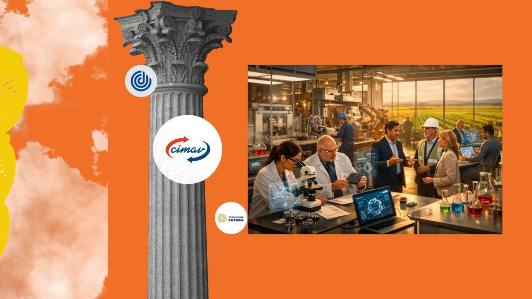 Investigadores y empresarios colaborando en laboratorio tecnológico en Chihuahua, representando la vinculación entre ciencia, industria y agroindustria dentro de la estrategia Chihuahua Futura.