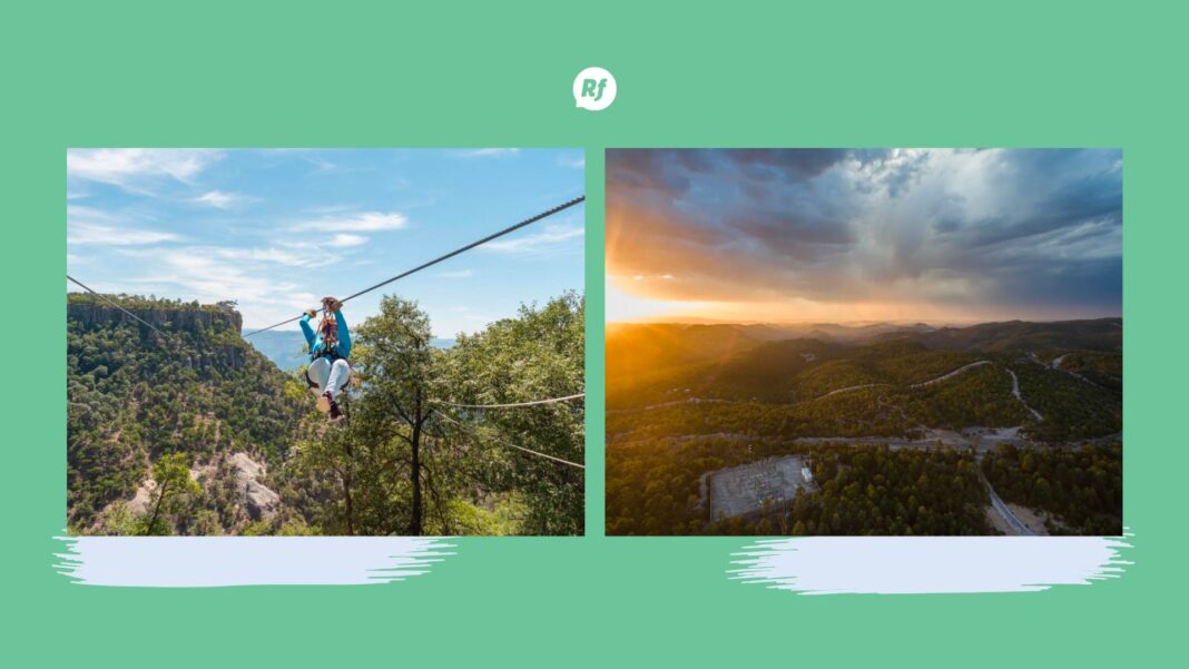 Persona recorriendo tirolesa en Parque Barrancas en Chihuahua con vista panorámica de las Barrancas del Cobre