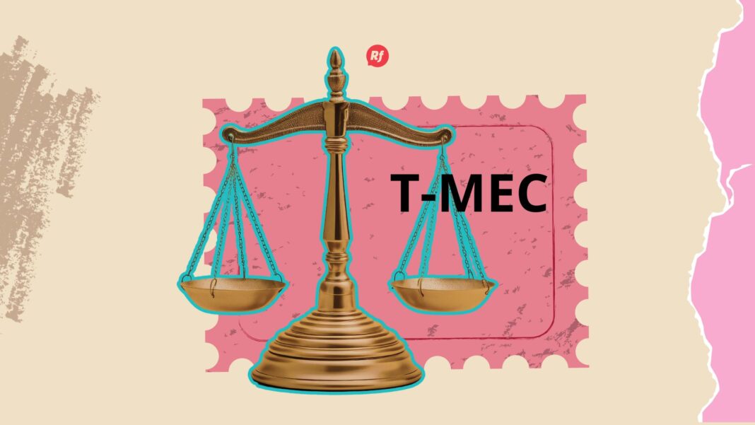 Ilustración editorial sobre la relación comercial entre México y Estados Unidos en el marco del T-MEC, con símbolos de cadenas de suministro, industria y negociación económica.