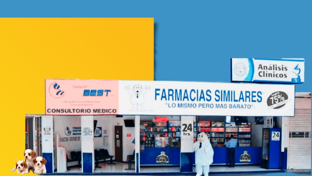 Sucursal de Farmacias Similares con la figura del Doctor Simi y personas entrando al consultorio médico.