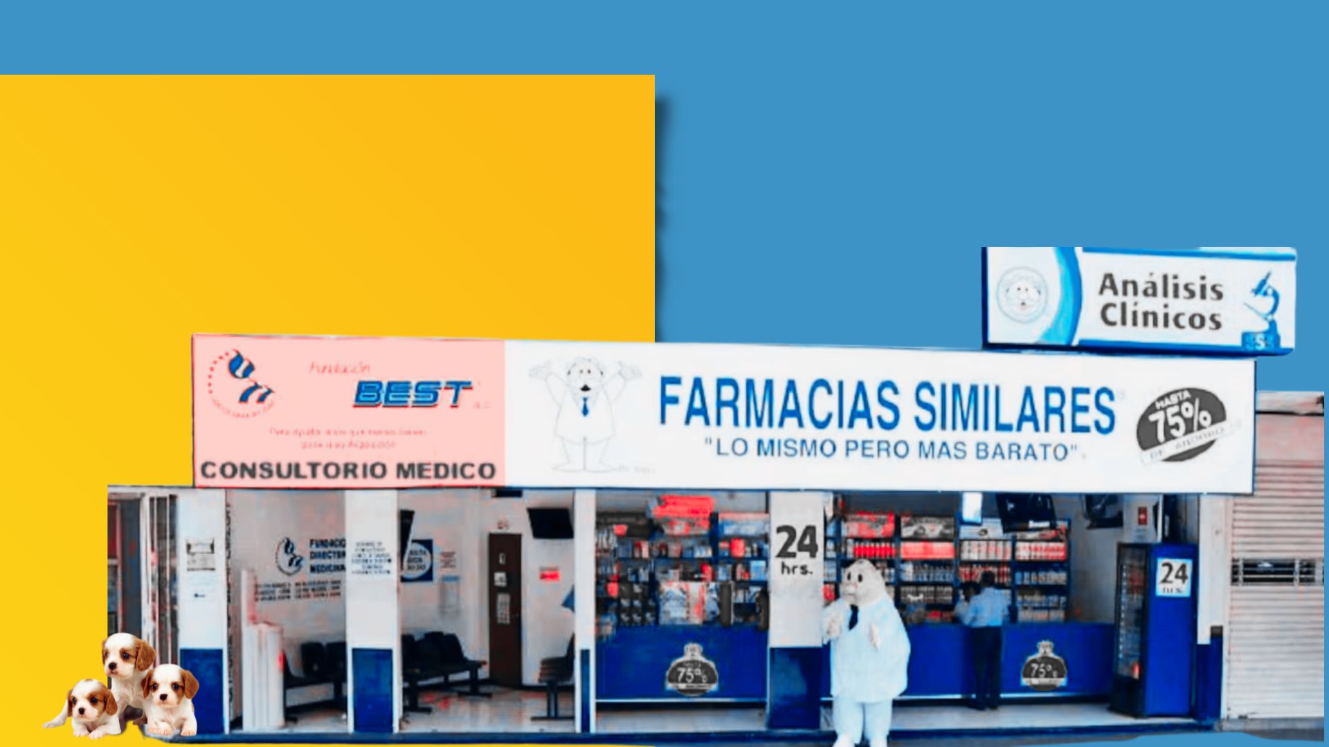 El Doctor Simi conquistó mucho más que las farmacias Sucursal de Farmacias Similares con la figura del Doctor Simi y personas entrando al consultorio médico.