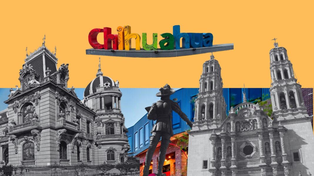 Vista urbana de Chihuahua acompañada de conceptos de inteligencia artificial, innovación y administración pública moderna para mejorar servicios y movilidad.