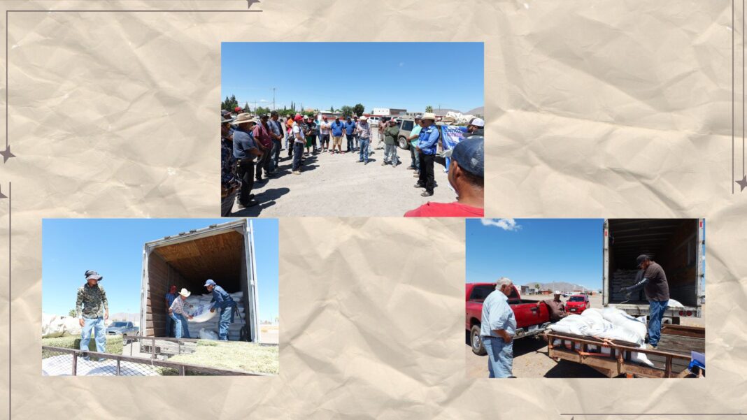 El diputado Arturo Zubía Fernández durante la entrega de toneladas de maíz rolado y molido a productores del municipio de Camargo como apoyo ante la sequía en Chihuahua.