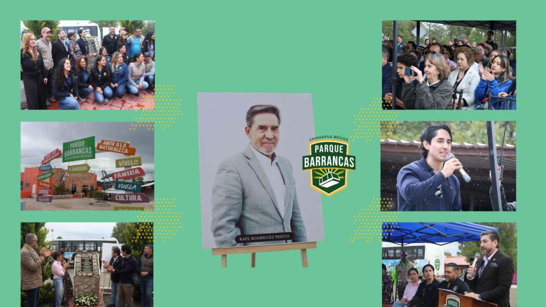 Autoridades y representantes del sector turístico durante el homenaje póstumo a Raúl Rodríguez Prieto en el Parque Barrancas, en Chihuahua.