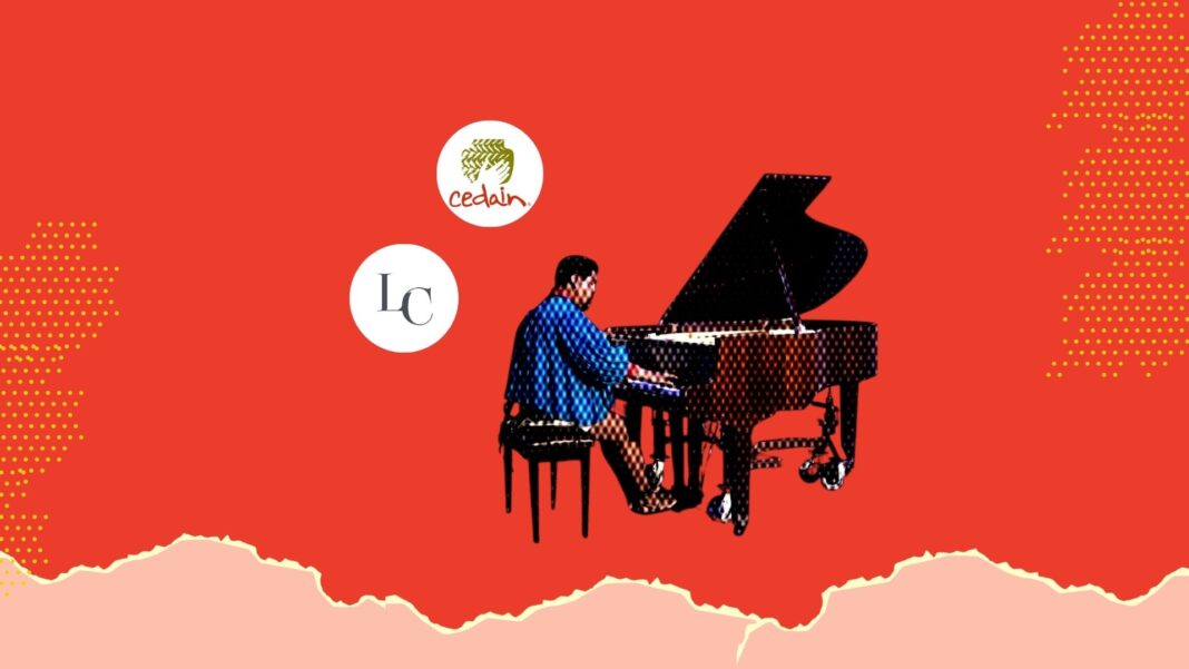 Cartel oficial de la Cena Rarámuri organizada por CEDAIN, con la participación del pianista Romeyno Gutiérrez y el violinista Juan Gutiérrez para apoyar proyectos comunitarios en la Sierra Tarahumara.