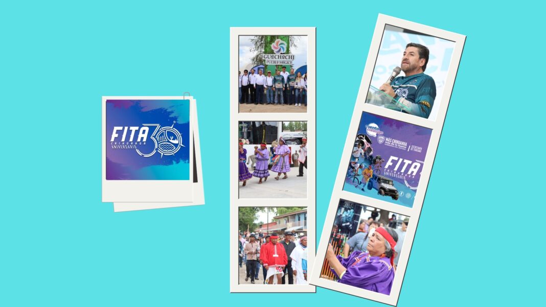 Asistentes celebran el 30 aniversario del Festival Internacional de Turismo de Aventura (FITA) Chihuahua durante la inauguración del Ultra Maratón de los Cañones en Guachochi.