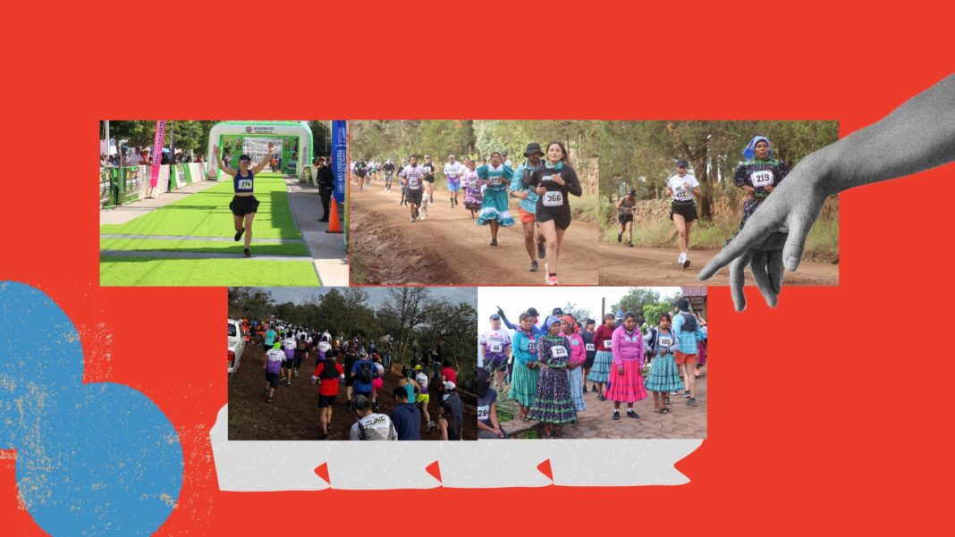 Corredores rarámuri cruzan la meta durante la carrera de 21 kilómetros del Ultra Maratón de los Cañones 2026 en Guachochi, Chihuahua.