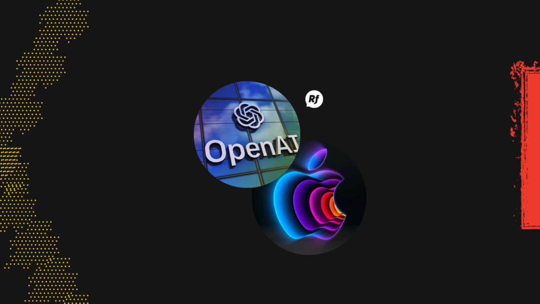 El logotipo de Apple y OpenAI frente a frente, representando la disputa legal por presunto robo de secretos comerciales relacionados con el desarrollo de hardware de inteligencia artificial.
