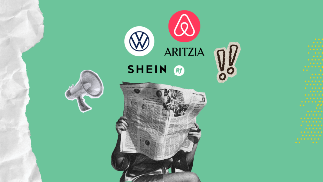 Collage de empresas globales Aritzia, Airbnb, Shein y Volkswagen representando los principales movimientos empresariales y económicos internacionales.