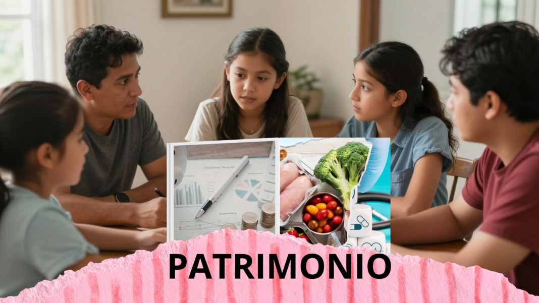 Una familia conversa sobre cómo invertir sus ahorros mientras revisa información financiera, representando la importancia de comenzar a construir patrimonio mediante hábitos de inversión.