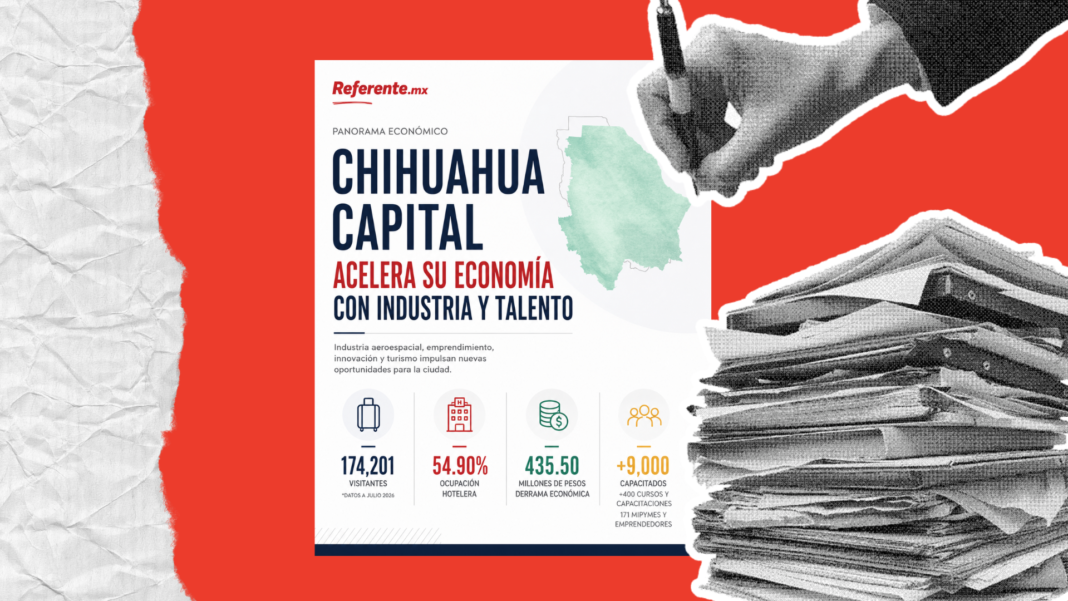 Infografía sobre el crecimiento económico de Chihuahua Capital con datos de turismo, ocupación hotelera, derrama económica y capacitación durante julio de 2026.