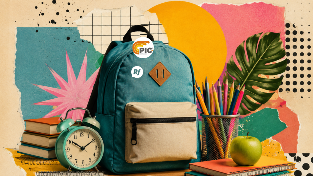 Regreso a clases con mochila, útiles escolares, libros, lápices y manzana
