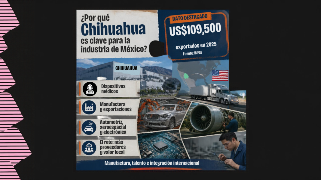 Industria manufacturera en Chihuahua, con presencia de los sectores automotriz, aeroespacial y electrónico que impulsan las exportaciones de México.