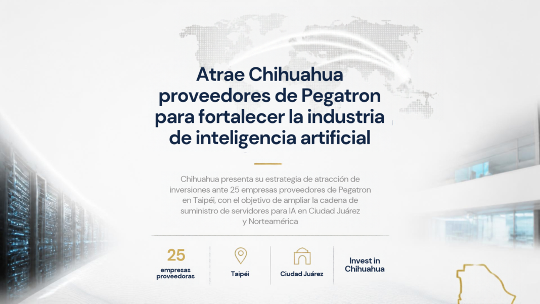 Ulises Fernández presenta la estrategia Invest in Chihuahua a 25 proveedores de Pegatron en Taipéi, Taiwán, para atraer inversiones en la industria de servidores para inteligencia artificial.